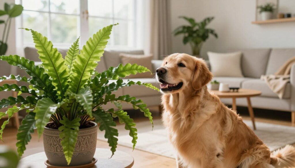 A heartwarming scene showcasing a cozy indoor space designed for a pet-friendly environment. In the foreground, a lush, non-toxic houseplant, such as a Boston fern or spider plant, thriving in a decorative pot, enhances the atmosphere. In the middle, a cheerful and playful golden retriever interacts gently with the plant, showcasing its safety. The background features soft, natural light filtering through large windows, illuminating a warm, inviting living room filled with comfortable furniture and pet-friendly accessories. The overall mood exudes harmony and care for pet safety, emphasizing the love between pets and their owners. Captured with a wide-angle lens to create depth, this image should reflect a nurturing, safe space for both plants and pets. By Maya.