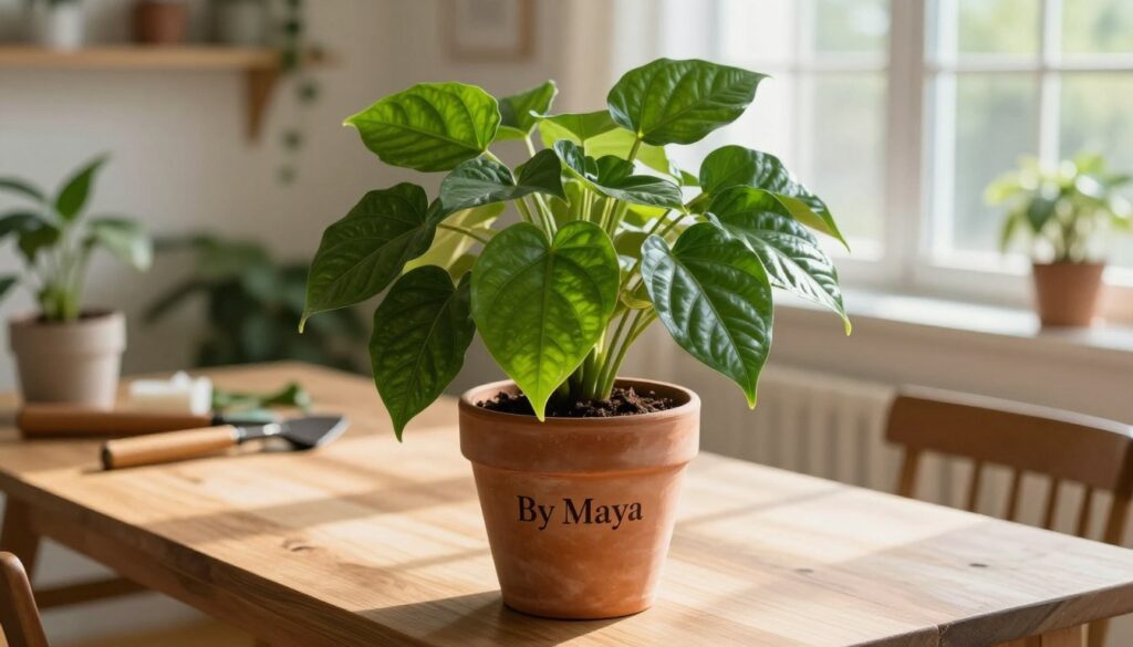 A large potted plant, lush and vibrant, sits prominently in the foreground, showcasing its glossy green leaves with intricate textures. The pot is elegantly designed, made of terracotta, with earthy tones that complement the plant’s natural beauty. In the middle ground, a wooden table suggests a gardening workspace, with tools subtly placed, hinting at the care and attention needed for plant maintenance. The background is softly blurred, featuring a cozy room filled with natural light streaming in through large windows, casting gentle shadows. The mood is serene and inviting, perfect for any home. Capture this scene with soft, warm lighting and a slight overhead angle for depth. The focal point is 