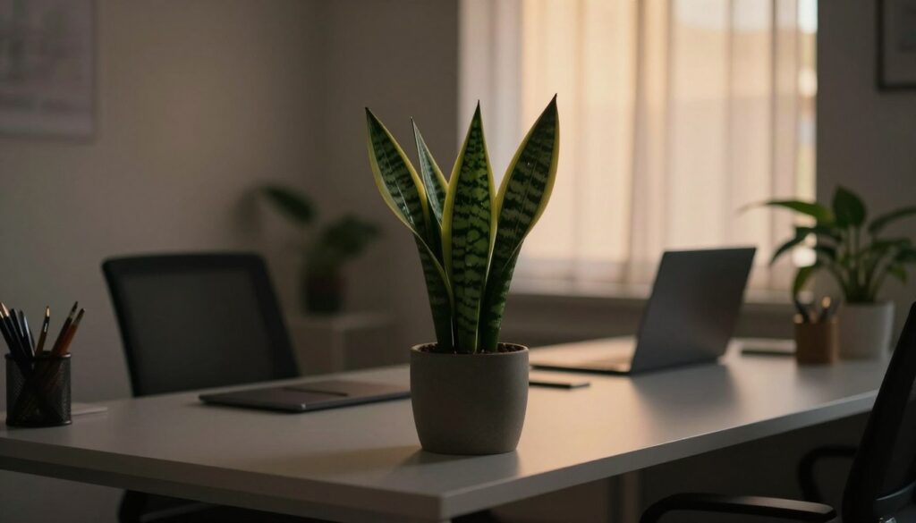 A low-light office setting featuring a thriving, low-maintenance plant ideal for dim environments, such as a snake plant or pothos, placed on a sleek, modern desk. The foreground highlights the textured leaves, glistening gently in soft, ambient light. In the middle ground, a minimalist workspace is visible, with ergonomic office supplies and a laptop subtly integrated into the scene. The background includes a softly illuminated window with sheer curtains, casting a warm glow. The overall atmosphere is calm and productive, emphasizing tranquility and focus. Use a shallow depth of field to draw attention to the plant while keeping other elements slightly blurred. Capture the mood of a cozy, inviting workspace designed for efficiency and well-being. By Maya. A low-light office setting featuring a thriving, low-maintenance plant ideal for dim environments, such as a snake plant or pothos, placed on a sleek, modern desk. The foreground highlights the textured leaves, glistening gently in soft, ambient light. In the middle ground, a minimalist workspace is visible, with ergonomic office supplies and a laptop subtly integrated into the scene. The background includes a softly illuminated window with sheer curtains, casting a warm glow. The overall atmosphere is calm and productive, emphasizing tranquility and focus. Use a shallow depth of field to draw attention to the plant while keeping other elements slightly blurred. Capture the mood of a cozy, inviting workspace designed for efficiency and well-being. By Maya.