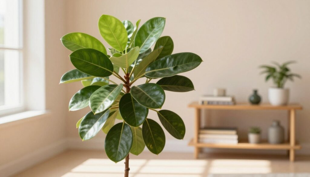 A lush Ficus plant with vibrant green leaves, showcasing various leaf shapes and sizes, positioned prominently in the foreground against a softly blurred indoor setting. The plant is illuminated by warm, natural light filtering through a nearby window, highlighting the glossy texture of the leaves and creating gentle shadows on the surface below. In the middle ground, there is a minimalist wooden shelf with gardening books and small decorative items, inviting a sense of calm. The background features a soothing pastel wall color, enhancing the serene atmosphere of a well-lit living space. The overall mood is tranquil and harmonious, ideal for promoting care tips for Ficus plants. By Maya.