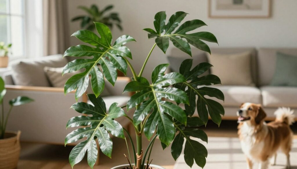 A lush Zamioculca plant, known for its glossy, dark green leaves with a waxy texture, positioned prominently in the foreground. The composition showcases the unique shapes of the plant's leaves, emphasizing their vigorous growth and resilience. In the background, a softly blurred living room setting features a cozy environment, such as a stylish sofa and pet-friendly decor, creating a warm atmosphere. Natural light filters in through a nearby window, casting gentle shadows and highlighting the plant’s vibrant green hues. A cheerful dog can be seen nearby, curiously observing the Zamioculca, suggesting a harmonious coexistence. The overall mood is inviting and safe, reflecting a space where pets and plants coexist peacefully. By Maya.