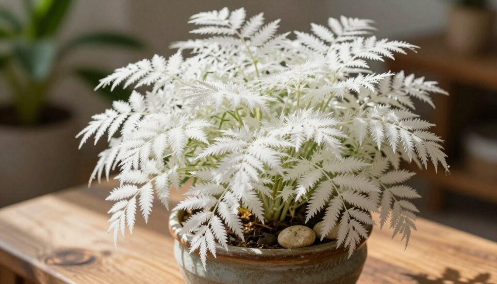 A lush and vibrant salgueiro branco plant, showcasing its delicate, white, feathery leaves swaying gently in a warm, diffused sunlight. The plant is placed in a rustic ceramic pot with a few decorative stones visible around the base, enhancing its natural beauty. In the foreground, include a textured wooden surface with soft shadows, indicating a cozy indoor setting. In the background, a blurred hint of greenery adds depth without overwhelming the focus on the plant. The lighting is soft, creating an inviting atmosphere, while the overall composition conveys tranquility and harmony with nature. Capture this scene with a slightly elevated angle to emphasize the elegant form of the plant. By Maya.