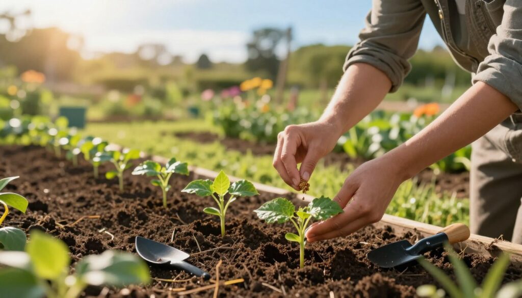 A lush garden scene showcasing the process of nurturing plant seedlings through thoughtful fertilization. In the foreground, a person in modest casual clothing gently applies organic fertilizer around small, vibrant green saplings, their delicate leaves glistening in the warm sunlight. The middle ground features a variety of seedlings in neat rows, surrounded by rich, dark soil and small garden tools, indicating careful preparation. In the background, a soft-focus view of a verdant landscape with trees and flowers under a clear blue sky creates a serene atmosphere. The lighting is warm and inviting, with golden hour hues casting a gentle glow. The overall mood is one of care, growth, and sustainable gardening practices. By Maya.