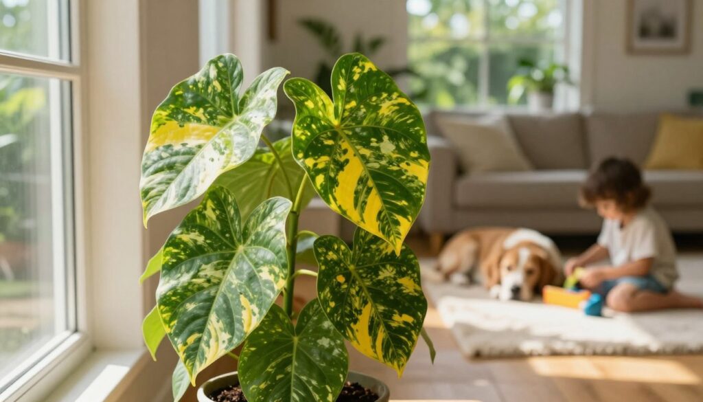 A lush green Jiboia plant, showcasing its striking heart-shaped leaves variegated with vibrant shades of green and yellow. The plant is positioned prominently in the foreground, slightly off-center, where sunlight filters through a nearby window, casting soft, warm light that highlights its texture. In the middle ground, a cozy living room setting reflects a safe environment for pets and children; a dog rests peacefully on a soft rug, and a child plays nearby, ensuring the atmosphere conveys harmony between nature and home life. In the background, gentle shadows hint at a beautiful, tranquil garden. The overall mood is inviting and cheerful, emphasizing the safe coexistence of family, pets, and indoor plants. By Maya.