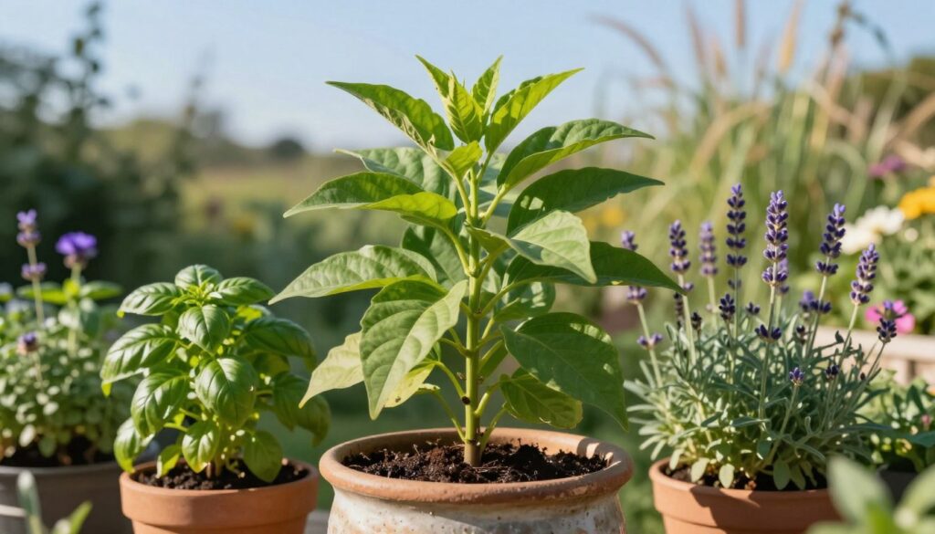 A lush green citronella plant, known for repelling mosquitoes, stands prominently in the foreground, its vibrant leaves catching the sunlight. The plant is potted in a rustic, textured ceramic pot, displaying moisture-rich soil. In the middle ground, there are other herbs such as basil and lavender, creating a harmonious garden setting. The background features a softly blurred garden area filled with flowers and gently swaying grasses under a clear blue sky. The scene is illuminated with warm, natural sunlight, casting gentle shadows. The overall mood is serene and inviting, emphasizing the practicality and beauty of using citronella plants in outdoor spaces. By Maya. A lush green citronella plant, known for repelling mosquitoes, stands prominently in the foreground, its vibrant leaves catching the sunlight. The plant is potted in a rustic, textured ceramic pot, displaying moisture-rich soil. In the middle ground, there are other herbs such as basil and lavender, creating a harmonious garden setting. The background features a softly blurred garden area filled with flowers and gently swaying grasses under a clear blue sky. The scene is illuminated with warm, natural sunlight, casting gentle shadows. The overall mood is serene and inviting, emphasizing the practicality and beauty of using citronella plants in outdoor spaces. By Maya.