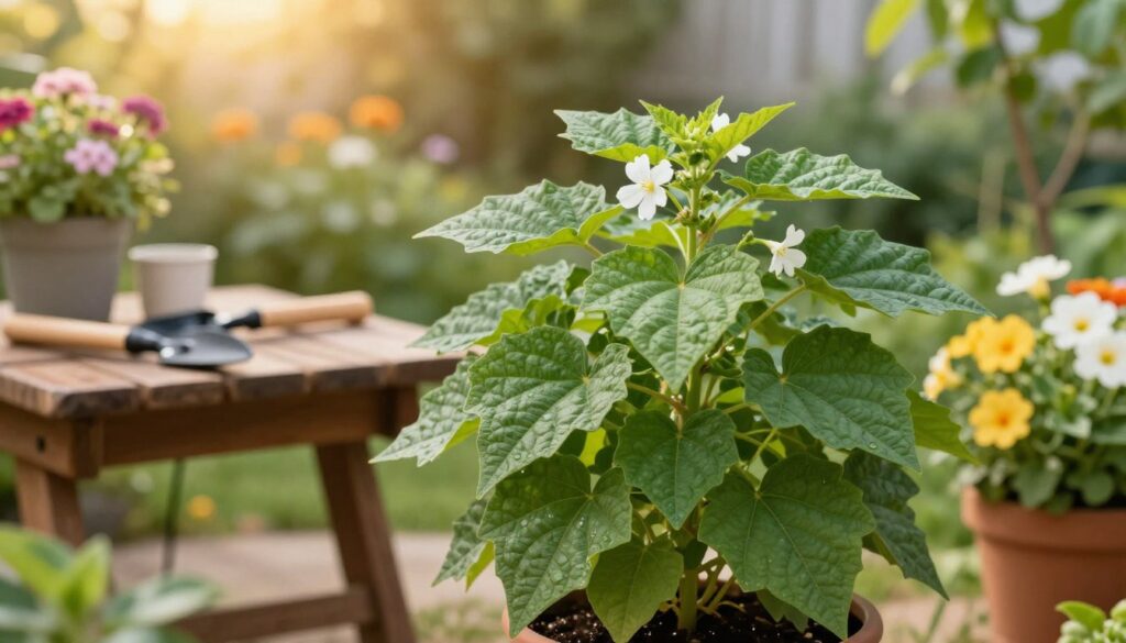 A lush, green mosquito-repelling plant prominently displayed in a cozy outdoor setting, surrounded by vibrant flowers and natural foliage. In the foreground, the plant features broad, textured leaves and delicate white blooms, showcasing its natural beauty. The middle ground includes a small rustic wooden table with a couple of stylish garden tools, suggestively hinting at easy maintenance. The background captures a blurred garden scene under warm, golden sunlight, creating a tranquil atmosphere. The focus is soft yet vivid, mimicking a professional lens effect, with a slight bokeh to emphasize the plant's importance. The overall mood is serene and inviting, ideal for a home garden environment. By Maya. A lush, green mosquito-repelling plant prominently displayed in a cozy outdoor setting, surrounded by vibrant flowers and natural foliage. In the foreground, the plant features broad, textured leaves and delicate white blooms, showcasing its natural beauty. The middle ground includes a small rustic wooden table with a couple of stylish garden tools, suggestively hinting at easy maintenance. The background captures a blurred garden scene under warm, golden sunlight, creating a tranquil atmosphere. The focus is soft yet vivid, mimicking a professional lens effect, with a slight bokeh to emphasize the plant's importance. The overall mood is serene and inviting, ideal for a home garden environment. By Maya.