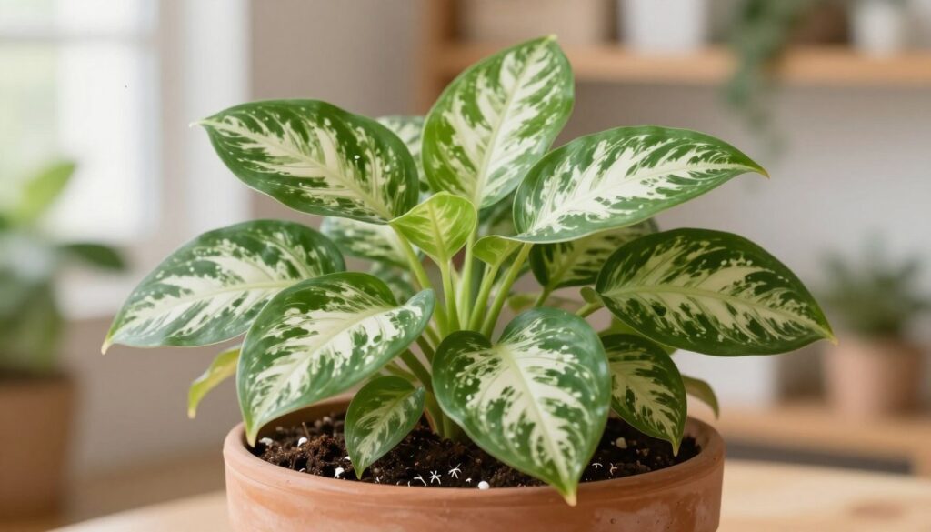 A lush green plant with striking white variegation sits in a textured terracotta pot, occupying the foreground of the image. The plant features broad, emerald leaves with bold white patterns that catch the light. In the middle distance, soft, natural soil can be seen, sprinkled with small white insects indicative of a pest problem. The background is softly blurred, revealing a warm, sunlit room with hints of wooden shelving and other greenery. The overall atmosphere is serene yet alert, highlighting the connection between the vibrant plant life and the subtle signs of disturbance in the soil. The lighting is bright and diffused, creating soft shadows that enhance the plant's details. The image is styled as a botanical illustration with a slight depth of field, enhancing a professional look. By Maya.