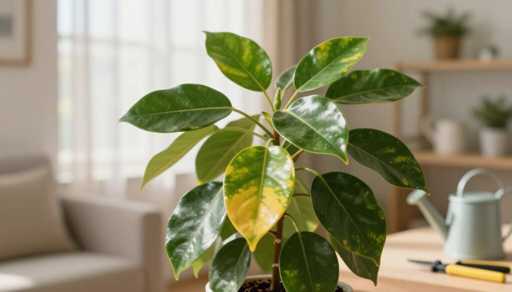 A lush, healthy Ficus plant taking center stage in bright, ideal lighting, showcasing glossy green leaves with a few yellowing ones to indicate potential issues. In the foreground, focus on the Ficus's leaves, highlighting their texture and vibrant color. The middle ground features a soft, blurred view of a cozy living room environment, including a warm, inviting window with soft, diffused sunlight filtering through sheer curtains, creating an atmosphere of tranquility. In the background, a subtle hint of plant care tools like a watering can and pruning shears, adding context. The image conveys a calm, nurturing mood, promoting the idea of plant care and problem-solving. Captured with a close-up lens, natural lighting, emphasizing the plant's beauty and health. By Maya.
