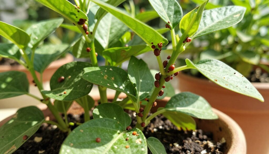A lush, healthy potted plant infested with scale insects, or cochonilhas, visible on the stems and undersides of leaves. The foreground showcases the intricate details of the tiny, reddish-brown insects clustered on the plant, highlighting their waxy texture against the green foliage. In the middle, vibrant leaves contrast with the pest infestation, illustrating the struggle between health and damage. The background softly blurs, depicting a bright, sunlit garden setting that evokes an atmosphere of care and attention to plant health. Natural light bathes the scene, creating gentle shadows that emphasize the textures of the plant and pests. This image embodies a sense of urgency and prevention in gardening. By Maya.