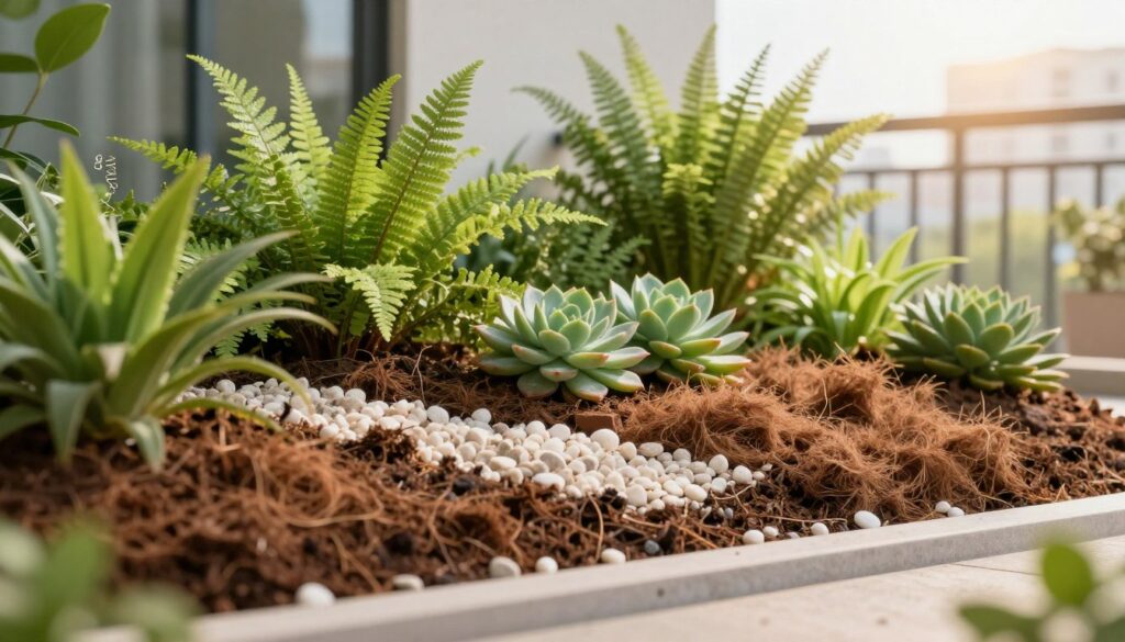 A lush vertical garden setup featuring an ideal substrate for planting, showcasing various layers of organic materials such as peat, coconut coir, and perlite. In the foreground, detailed textures of the substrate are visible, with a sprinkling of drainage stones. The middle section highlights vibrant green plants, including ferns and succulents, thriving in their vertical arrangement. In the background, a soft-focus urban balcony creates an inviting atmosphere with warm, diffused sunlight illuminating the scene, casting gentle shadows. The image captures a serene mood that emphasizes the beauty and practicality of a well-maintained vertical garden without heavy maintenance. The aesthetic is modern and eco-friendly, with the brand name A lush vertical garden setup featuring an ideal substrate for planting, showcasing various layers of organic materials such as peat, coconut coir, and perlite. In the foreground, detailed textures of the substrate are visible, with a sprinkling of drainage stones. The middle section highlights vibrant green plants, including ferns and succulents, thriving in their vertical arrangement. In the background, a soft-focus urban balcony creates an inviting atmosphere with warm, diffused sunlight illuminating the scene, casting gentle shadows. The image captures a serene mood that emphasizes the beauty and practicality of a well-maintained vertical garden without heavy maintenance. The aesthetic is modern and eco-friendly, with the brand name