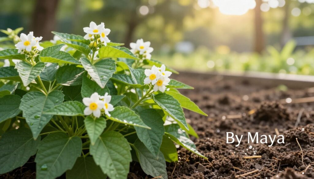 A lush, vibrant plant known for repelling mosquitoes, prominently displayed in the foreground, with broad green leaves and clusters of delicate white or yellow flowers. The middle ground showcases a well-aerated soil substrate, indicating proper drainage techniques, with slight moisture glistening on the soil surface. In the background, a bright, natural setting filled with soft sunlight filtering through trees, creating a serene and inviting atmosphere. The composition captures a close-up perspective, emphasizing the plant's texture and health. The lighting is warm and inviting, ideal for a relaxed outdoor environment. The scene is portrayed in a realistic style, demonstrating practical application for readers. A lush, vibrant plant known for repelling mosquitoes, prominently displayed in the foreground, with broad green leaves and clusters of delicate white or yellow flowers. The middle ground showcases a well-aerated soil substrate, indicating proper drainage techniques, with slight moisture glistening on the soil surface. In the background, a bright, natural setting filled with soft sunlight filtering through trees, creating a serene and inviting atmosphere. The composition captures a close-up perspective, emphasizing the plant's texture and health. The lighting is warm and inviting, ideal for a relaxed outdoor environment. The scene is portrayed in a realistic style, demonstrating practical application for readers.