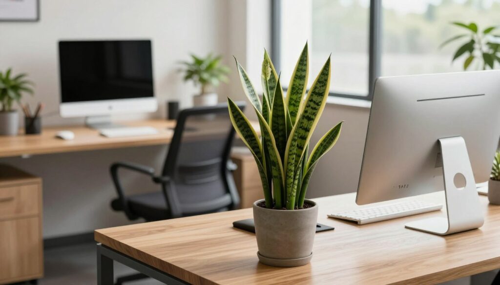 A modern closed office space featuring a stylish desk with a sleek computer and minimalistic accessories. In the foreground, a vibrant potted plant, such as a snake plant or peace lily, sits elegantly on the desk, adding a touch of greenery. The middle ground includes a comfortable office chair and a neatly organized workspace with warm wood tones. In the background, a large window allows natural light to filter in, casting gentle shadows and creating a serene atmosphere. The lighting is soft and inviting, highlighting the fresh and calm vibe of the office. The overall mood is one of productivity and tranquility, showcasing how plants enhance the workspace's aesthetic. By Maya. A modern closed office space featuring a stylish desk with a sleek computer and minimalistic accessories. In the foreground, a vibrant potted plant, such as a snake plant or peace lily, sits elegantly on the desk, adding a touch of greenery. The middle ground includes a comfortable office chair and a neatly organized workspace with warm wood tones. In the background, a large window allows natural light to filter in, casting gentle shadows and creating a serene atmosphere. The lighting is soft and inviting, highlighting the fresh and calm vibe of the office. The overall mood is one of productivity and tranquility, showcasing how plants enhance the workspace's aesthetic. By Maya.