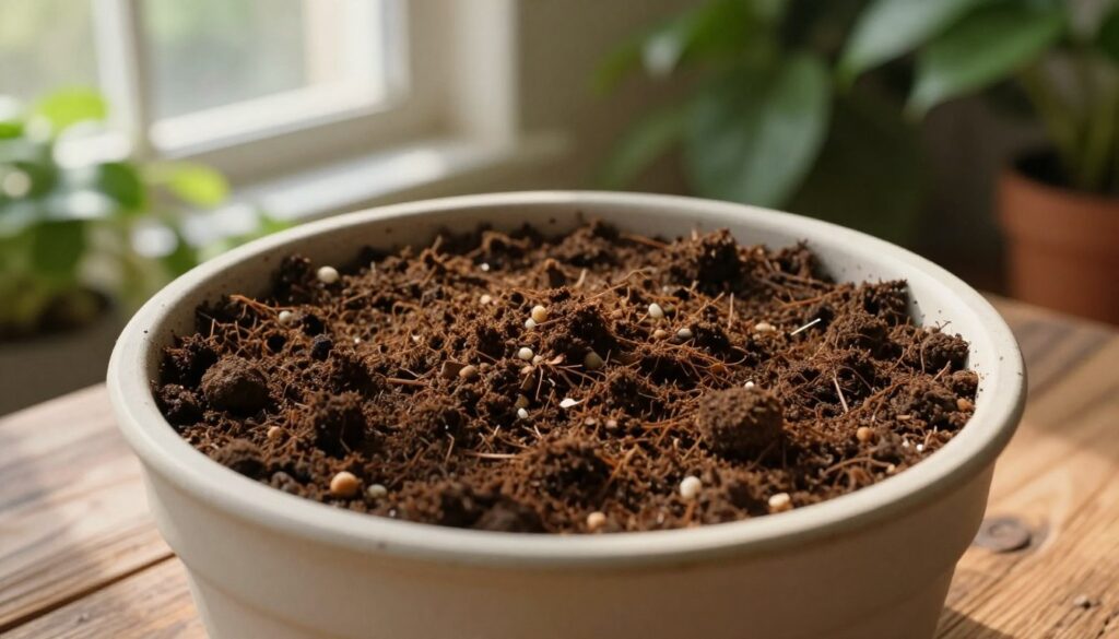 A neatly arranged pot filled with compacted plant substrate, featuring rich, dark brown soil with visible small pebbles and organic material. In the foreground, the pot is placed on a rustic wooden table, highlighting the texture of the wood. In the middle ground, soft, diffused sunlight streams through a nearby window, casting gentle shadows and creating a warm ambiance. In the background, a serene indoor garden scene with lush green plants peeking into view, adding depth to the composition. The overall mood is tranquil and nurturing, reflecting a caring approach to plant care, suitable for an article about plant substrate. The image is styled cleanly with a focus on natural colors. By Maya. A neatly arranged pot filled with compacted plant substrate, featuring rich, dark brown soil with visible small pebbles and organic material. In the foreground, the pot is placed on a rustic wooden table, highlighting the texture of the wood. In the middle ground, soft, diffused sunlight streams through a nearby window, casting gentle shadows and creating a warm ambiance. In the background, a serene indoor garden scene with lush green plants peeking into view, adding depth to the composition. The overall mood is tranquil and nurturing, reflecting a caring approach to plant care, suitable for an article about plant substrate. The image is styled cleanly with a focus on natural colors. By Maya.