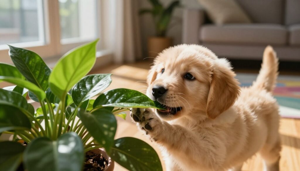 A playful puppy curiously nibbling on a green, leafy plant in a warm, sunlit room. The foreground features the puppy, a small golden retriever with soft fur and bright eyes, reaching towards the vibrant plant, which has glossy, dark green leaves. In the middle ground, a cozy living space with wooden floors and a colorful rug can be seen, creating a homely atmosphere. Soft, natural light streams in through a window, casting gentle shadows and highlighting the textures of the puppy's fur and the plant's leaves. Soft focus in the background reveals a comfortable sofa and indoor plants, enhancing the inviting setting. The image should evoke a sense of warmth and playfulness, underscoring the interaction between pets and their environment. By Maya.