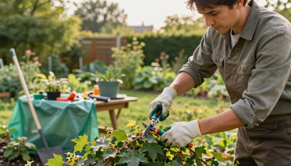 A professional gardener, dressed in modest work attire, is carefully pruning poison ivy vines in a lush green garden. The foreground captures the gardener’s focused expression as they use protective gloves and a pair of shears, showcasing safety in handling the hazardous plant. In the middle ground, a well-organized gardening setup features tools and a protective tarp to ensure safe disposal of the cuttings. The background displays a sun-dappled landscape with trees and shrubs, creating a serene and natural atmosphere. Soft, warm lighting illuminates the scene, emphasizing the importance of safety and careful handling when dealing with potentially dangerous plants. The overall mood is one of diligence and respect for nature. By Maya.