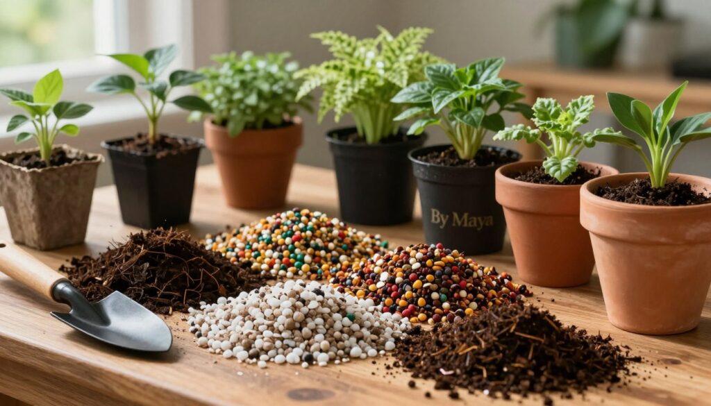 A richly detailed potting mix spread out on a wooden table, showcasing various components such as dark peat, coarse perlite, and vibrant vermiculite, all intermingled to illustrate an ideal substrate for plants. In the foreground, a small trowel rests beside a terracotta pot, partially filled with the substrate, suggesting the process of potting plants. The middle ground features an assortment of healthy, thriving plants in varying sizes, thriving from the rich substrate. In the background, soft natural light filters in through a window, casting gentle shadows that enhance the textures of the materials. The atmosphere is tranquil and inviting, evoking a sense of natural gardening harmony. Emphasize a professional gardening scene, branded with the name A richly detailed potting mix spread out on a wooden table, showcasing various components such as dark peat, coarse perlite, and vibrant vermiculite, all intermingled to illustrate an ideal substrate for plants. In the foreground, a small trowel rests beside a terracotta pot, partially filled with the substrate, suggesting the process of potting plants. The middle ground features an assortment of healthy, thriving plants in varying sizes, thriving from the rich substrate. In the background, soft natural light filters in through a window, casting gentle shadows that enhance the textures of the materials. The atmosphere is tranquil and inviting, evoking a sense of natural gardening harmony. Emphasize a professional gardening scene, branded with the name