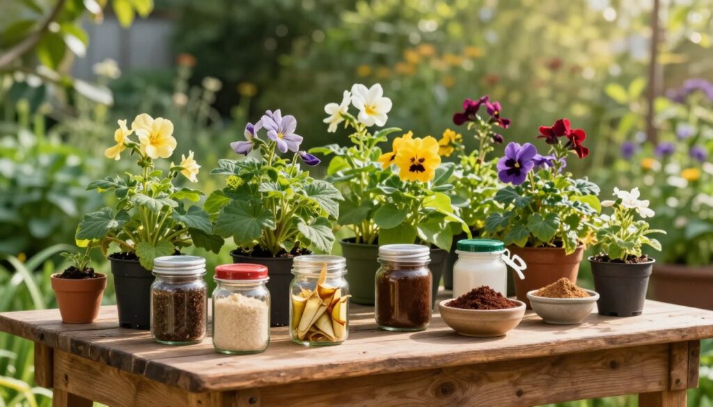 A rustic wooden table in the foreground displays a variety of homemade fertilizers for flowering plants, such as compost, banana peels, and coffee grounds, thoughtfully arranged in small glass jars and bowls. The middle ground features vibrant, green flowering plants thriving in a sunny garden, their blooms showcasing various colors, radiating health and vitality. In the background, a soft-focus view of lush, healthy greenery under a warm, natural sunlight casts gentle shadows, enhancing the organic feel. The atmosphere is peaceful and nurturing, conveying a sense of harmony with nature. The scene is captured with a shallow depth of field, using a warm color palette to evoke a cozy gardening vibe. By Maya.