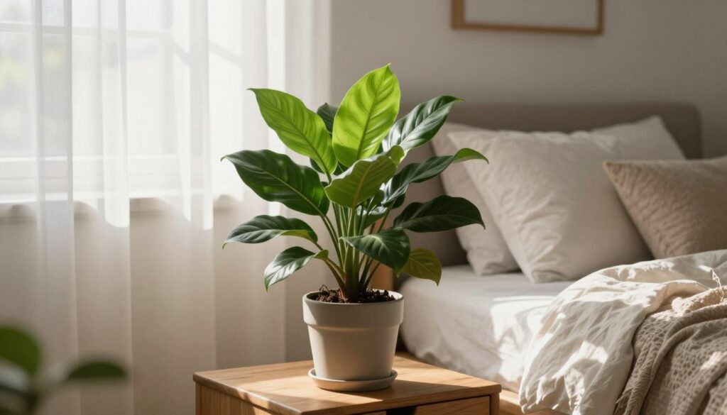 A serene and inviting bedroom scene featuring a vibrant indoor plant positioned on a wooden bedside table. The foreground includes lush green leaves of the plant, displaying rich textures and natural hues. In the middle, a cozy bed adorned with soft, neutral-toned bedding and plush pillows complements the calming atmosphere. The background captures a softly lit window showcasing gentle sunlight filtering through sheer curtains, casting delicate shadows across the room. The overall mood is tranquil and refreshing, ideal for creating a peaceful sanctuary. The image should be bright and airy, with a focus on natural lighting that enhances the plant's vibrant colors. This visual representation emphasizes a harmonious blend of nature and comfort. By Maya.