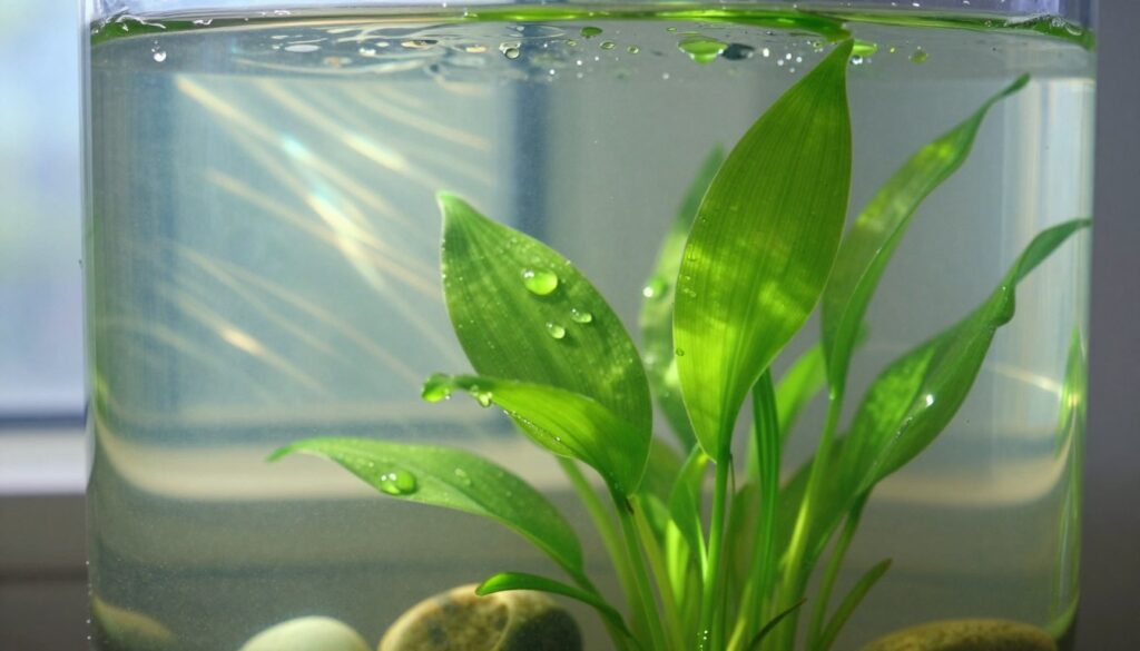 A serene aquatic scene showcasing a vibrant freshwater plant thriving in a translucent glass vase. In the foreground, lush green leaves of the plant spiral elegantly upwards, glistening with droplets of water. The middle ground features the clear water, reflecting soft rays of gentle sunlight filtering through a nearby window, creating dynamic light patterns. The background is a subtle blend of soft blues and greens, hinting at a calm and tranquil atmosphere. A few pebbles subtly rest at the base of the vase, adding texture. Capture the natural beauty and growth potential of the plant, emphasizing its health and vitality in this nurturing environment. Ideal lighting should evoke a peaceful and harmonious mood. By Maya.