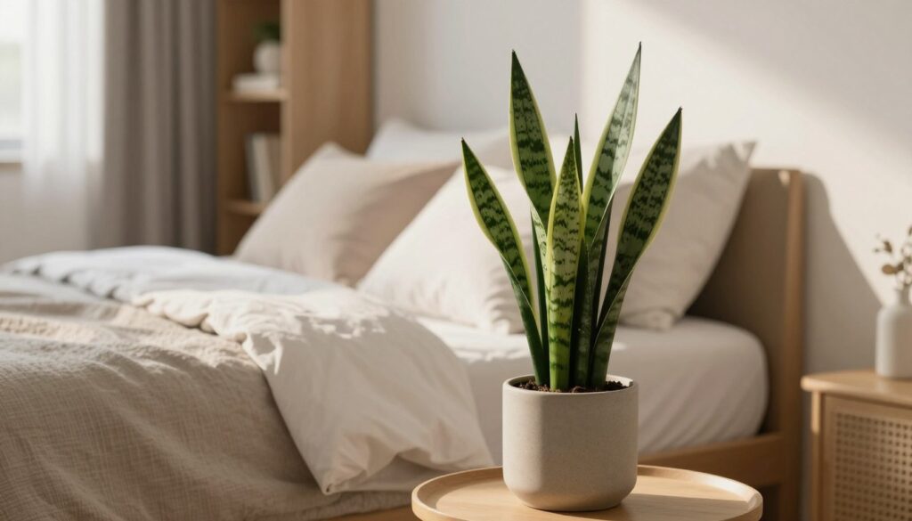 A serene bedroom scene featuring a low-maintenance plant, specifically a snake plant, positioned on a bedside table next to a cozy bed adorned with soft, neutral-toned linens. The foreground includes the snake plant in a stylish ceramic pot, showcasing its tall, sword-like leaves that add a touch of elegance. The middle ground presents the inviting bed with fluffy pillows, hints of natural light streaming in from a nearby window, casting gentle shadows. In the background, a soft-focus view of a minimalist bookshelf complements the calming atmosphere, creating a tranquil environment. The lighting is warm and diffused, evoking a peaceful mood. The image should reflect a modern and tidy bedroom setup, emphasizing simplicity and ease of care. By Maya.