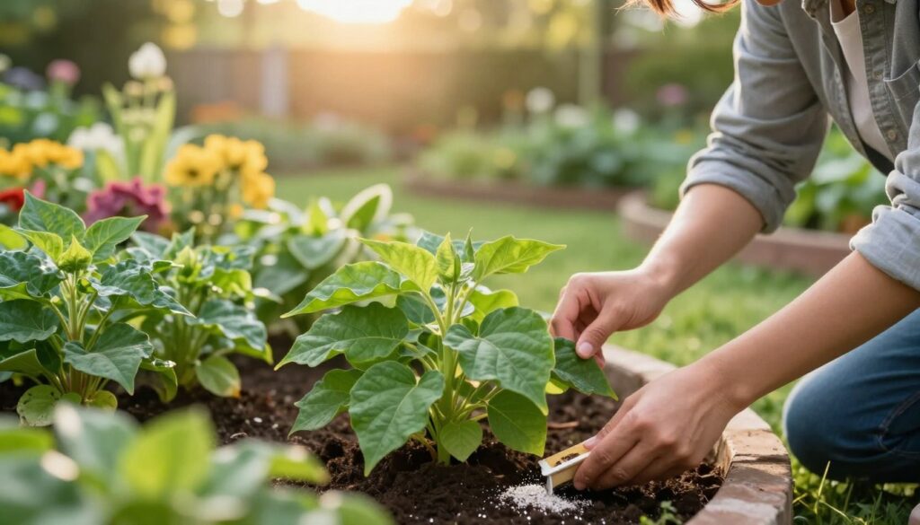 A serene garden scene showcasing the concept of plant fertilization, focusing on a lush green plant with vibrant leaves in the foreground. A gardener, dressed in smart casual attire, is gently applying organic fertilizer around the base of the plant, demonstrating good sense in nurturing its growth. In the middle ground, various plant species thrive, highlighting the importance of the right substrate mixture. The background features a soft blur of colorful flower beds and leafy shrubs under warm, golden sunlight streaming through the leaves overhead, creating a peaceful and nurturing atmosphere. The composition is shot from a slightly elevated angle to capture both the gardener's action and the surrounding flora, embodying the theme of effective plant care. By Maya. A serene garden scene showcasing the concept of plant fertilization, focusing on a lush green plant with vibrant leaves in the foreground. A gardener, dressed in smart casual attire, is gently applying organic fertilizer around the base of the plant, demonstrating good sense in nurturing its growth. In the middle ground, various plant species thrive, highlighting the importance of the right substrate mixture. The background features a soft blur of colorful flower beds and leafy shrubs under warm, golden sunlight streaming through the leaves overhead, creating a peaceful and nurturing atmosphere. The composition is shot from a slightly elevated angle to capture both the gardener's action and the surrounding flora, embodying the theme of effective plant care. By Maya.