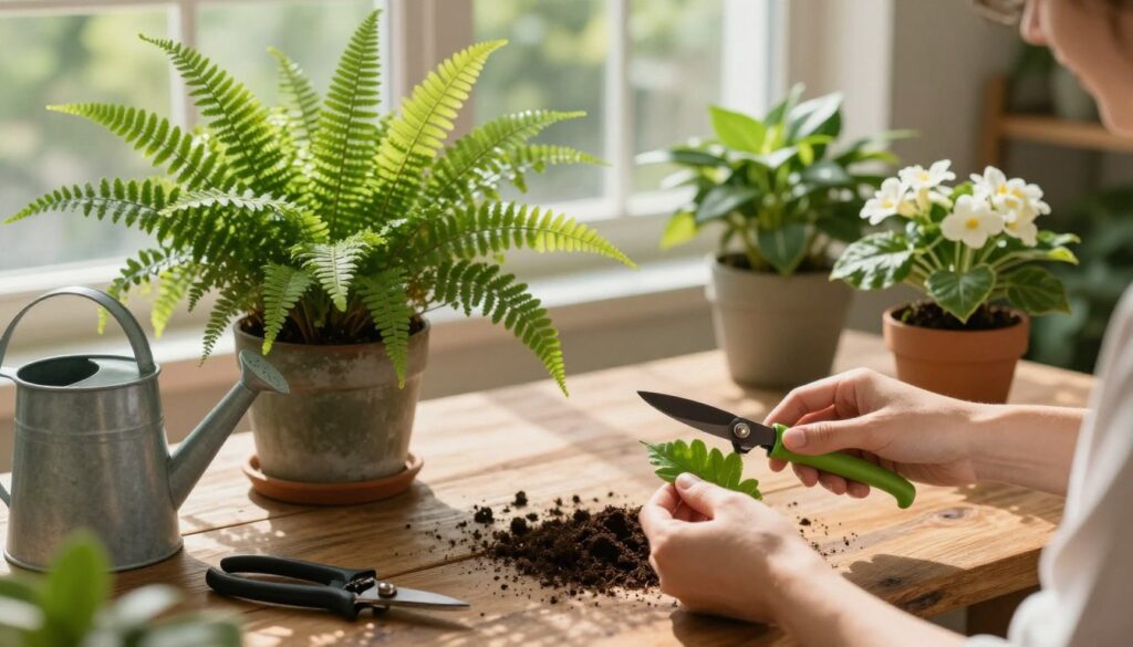 A serene indoor garden setting featuring a variety of healthy, vibrant plants, including a flourishing potted fern and a couple of flowering houseplants. In the foreground, a pair of hands gently pruning leaves, showcasing simple and careful cultivation techniques. The middle ground highlights a rustic wooden table with gardening tools like shears, a watering can, and a small pot of soil. The background reveals a soft-focus window letting in warm, natural light that casts gentle shadows, enhancing the tranquil atmosphere. This image embodies the theme of a flexible plant care routine, promoting health and growth. The overall mood is peaceful and nurturing. By Maya.