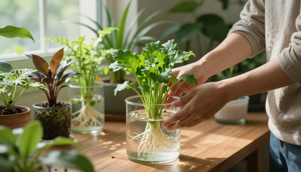 A serene indoor garden setup showcasing water cultivation of various vibrant plants. In the foreground, a clear glass container filled with fresh, healthy roots submerged in water, supporting lush green foliage above. A pair of hands gently tending to the plants, wearing modest casual attire, engaged in the nurturing process. In the middle ground, additional plants in similar containers, showcasing a variety of species, elegantly arranged on a wooden table. The background features soft, diffused natural light coming through a window, casting gentle shadows, creating a calming atmosphere. Overall, the scene conveys a peaceful and inviting ambiance for plant lovers. Captivating and informative, showcasing the art of hydroponics in urban gardening. By Maya.