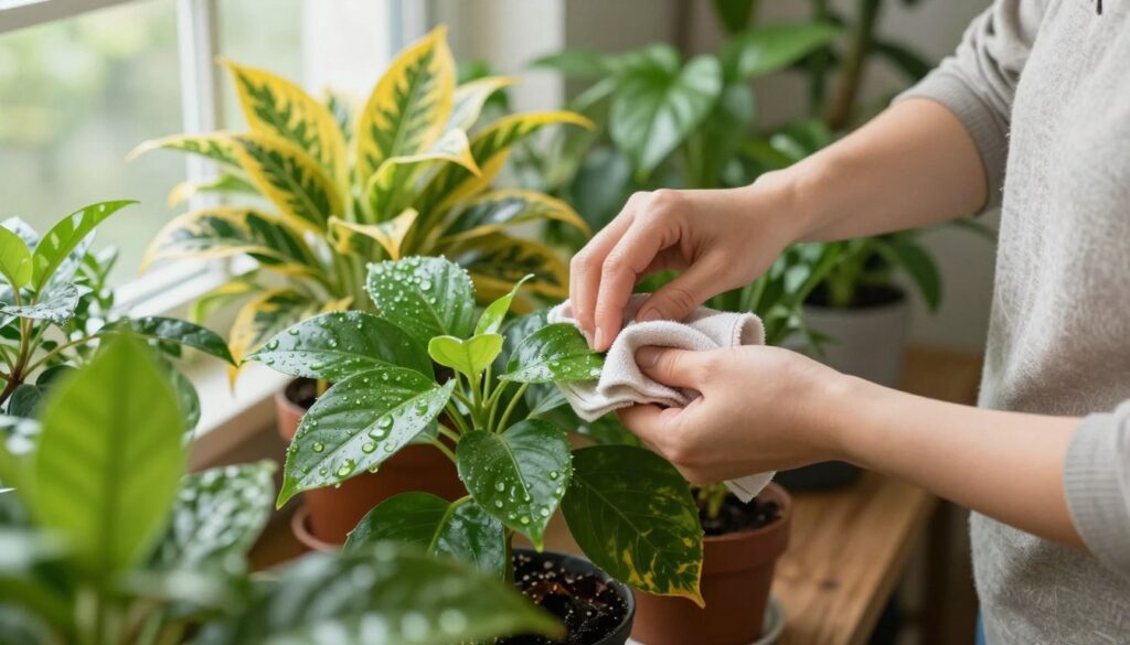 A serene indoor gardening scene featuring a person in modest casual clothing carefully cleaning and pruning lush green potted plants. In the foreground, vibrant leaves with droplets of water glisten as they are brushed clean with a soft cloth. The person gently removes dead leaves, showcasing attention to detail in plant care. The middle ground displays a variety of healthy plants, some with visible yellowing leaves, illustrating the importance of maintenance. The background softly blurs, featuring natural light streaming through a window, creating a warm and inviting atmosphere. The composition is bright and harmonious, emphasizing a sense of rejuvenation and care for the plants. By Maya.