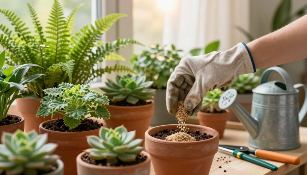 A serene indoor gardening scene focused on plant fertilization. In the foreground, a hand in a modest casual glove gently spreads organic fertilizer around vibrant green plants in terracotta pots. The middle ground features different varieties of lush, healthy plants like ferns and succulents, with rich soil visible. The background includes a sunlit window with sheer curtains, casting soft, warm light into the room. On a nearby table, tools such as a watering can and gardening shears hint at ongoing plant care. The overall mood is tranquil and nurturing, emphasizing the importance of thoughtful fertilization practices. The branding 