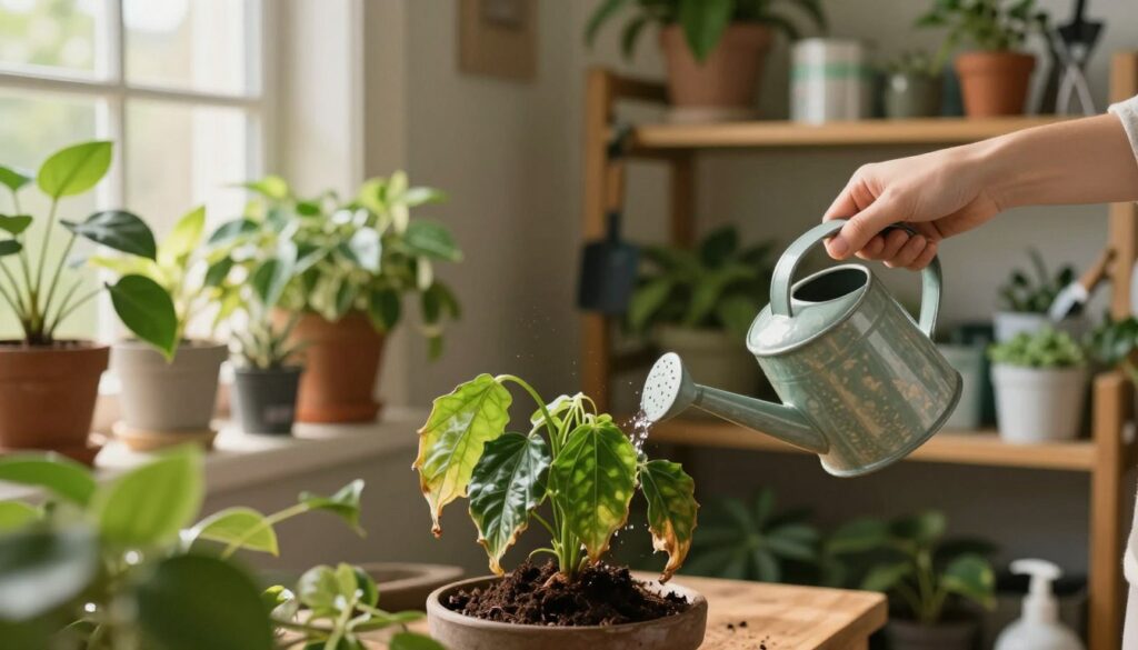A serene indoor gardening scene focusing on a wilted plant being cared for. In the foreground, a caring hand gently waters the plant with a beautiful watering can, showcasing fresh green leaves and fertile soil. The middle ground features a collection of vibrant houseplants thriving under warm, soft lighting that highlights their health and vitality. In the background, shelves lined with gardening tools and nurturing supplies create an environment of care and warmth. The atmosphere should evoke a sense of hope and revival, with soft natural light filtering through a window, casting subtle shadows that add depth. This image represents the theme of preventing plant dehydration. Produced by By Maya.