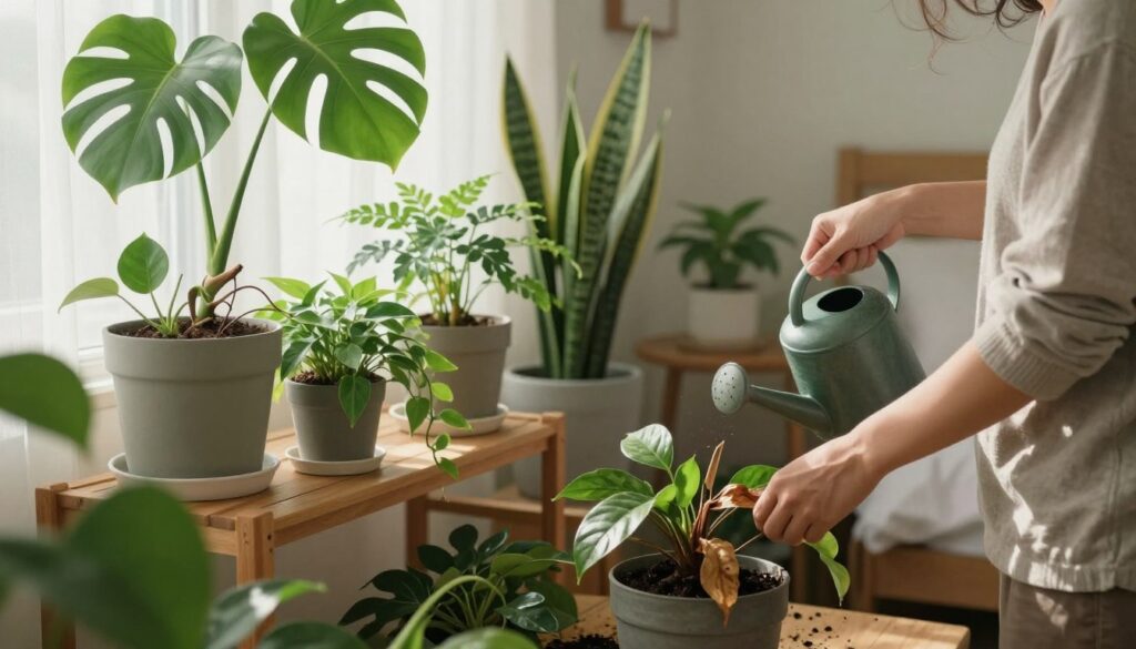A serene indoor plant maintenance scene in a cozy bedroom. In the foreground, a person in modest casual clothing tends to lush green plants, using a watering can and trimming dried leaves. The mid-ground features a variety of indoor plants in stylish pots, such as a Monstera, pothos, and snake plant, arranged on a wooden shelf and a bedside table. The background showcases soft, natural light filtering through sheer curtains, creating a warm and inviting atmosphere. The gentle contrast and soft shadows evoke a sense of tranquility. The overall composition highlights a routine of plant care that enhances the visual appeal of the space. By Maya.