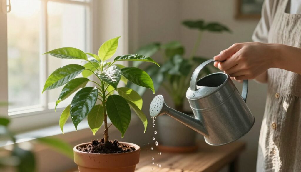 A serene indoor scene showing a person gently watering a potted plant, showcasing careful attention to the plant's needs. In the foreground, the individual, wearing a modest casual outfit, holds a watering can with a calming expression, symbolizing mindfulness in plant care. The middle ground features a vibrant green plant with lush leaves, demonstrating healthy growth, while droplets of water glisten as they fall onto the soil, emphasizing the right balance of moisture. In the background, warm sunlight filters through a window, creating a soft, inviting atmosphere, highlighting the tranquility of the indoor environment. The composition should reflect a sense of harmony between the caregiver and the plant, with a focus on proper watering techniques. By Maya.