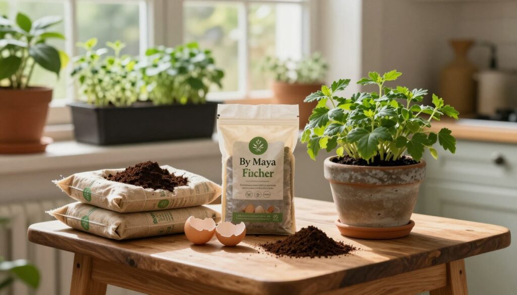 A serene kitchen setting showcasing organic fertilizer for potted plants, with a focus on a small wooden table adorned with bags of rich, dark compost and natural materials like eggshells and coffee grounds. In the foreground, a rustic ceramic pot overflowing with vibrant greenery symbolizes growth and health. The middle ground features a sunny window illuminating the scene, casting soft, warm light to enhance the earthy tones. The background reveals a cozy herb garden on a windowsill. The atmosphere should evoke an inviting, eco-friendly vibe, suitable for beginners venturing into homemade gardening. Include the brand name 