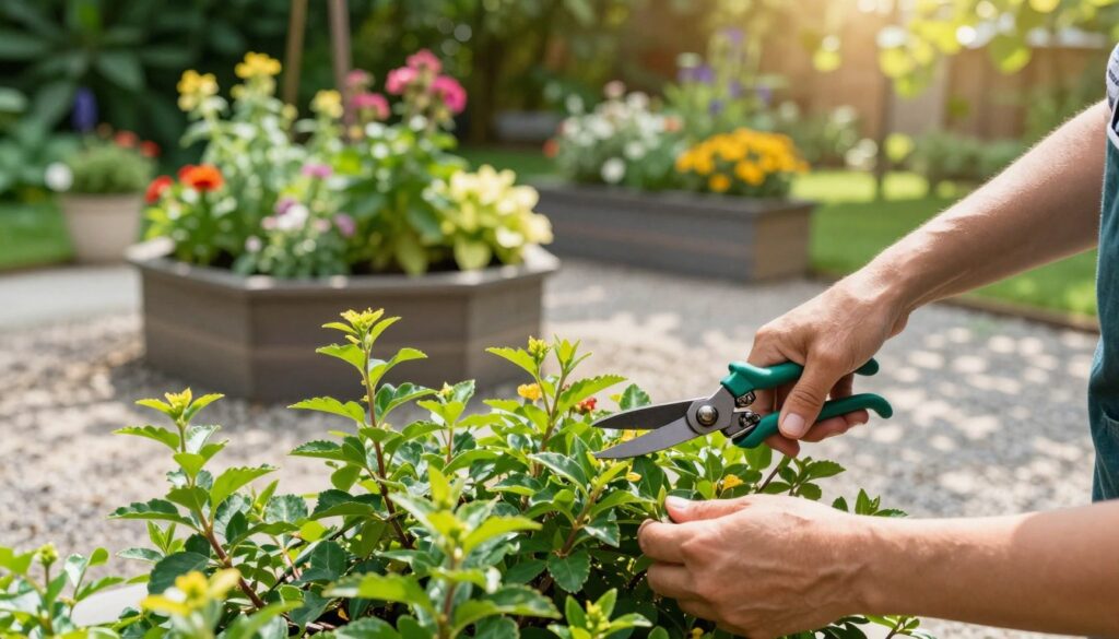 A serene outdoor garden scene centered on a gardener expertly pruning vibrant green plants. In the foreground, a close-up of the gardener's hands gently trimming a flowering shrub with clean, sharp pruning shears, showcasing the care of maintaining healthy plants. In the middle ground, several outdoor planters filled with a variety of lush foliage and colorful flowers, reflecting an organized and well-kept garden. The background features soft sunlight filtering through the leaves of nearby trees, casting dappled shadows on a well-maintained gravel path. The atmosphere is calm and focused, highlighting the importance of routine maintenance in gardening. The image should evoke a sense of tranquility and connection to nature. By Maya. A serene outdoor garden scene centered on a gardener expertly pruning vibrant green plants. In the foreground, a close-up of the gardener's hands gently trimming a flowering shrub with clean, sharp pruning shears, showcasing the care of maintaining healthy plants. In the middle ground, several outdoor planters filled with a variety of lush foliage and colorful flowers, reflecting an organized and well-kept garden. The background features soft sunlight filtering through the leaves of nearby trees, casting dappled shadows on a well-maintained gravel path. The atmosphere is calm and focused, highlighting the importance of routine maintenance in gardening. The image should evoke a sense of tranquility and connection to nature. By Maya.