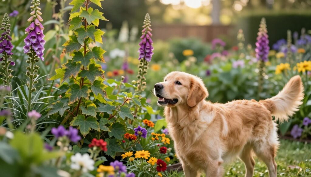 A serene outdoor scene featuring a playful golden retriever amidst various toxic plants, specifically emphasizing the characteristic foliage of poison ivy, oleander, and foxglove. In the foreground, the dog appears curious and safe, exploring the environment surrounded by colorful, vibrant flowers. The middle ground shows lush greenery interspersed with the hazardous plants, visibly marked to indicate their toxicity. The background features a soft-blurred garden landscape with warm, natural sunlight illuminating the scene, highlighting the dog’s fur and the intricate details of the plants. The atmosphere conveys a sense of cautious adventure, illustrating the coexistence of pets and plants. Shot using a shallow depth of field to create focus on the dog and plants, with a soft bokeh effect on the background. By Maya.