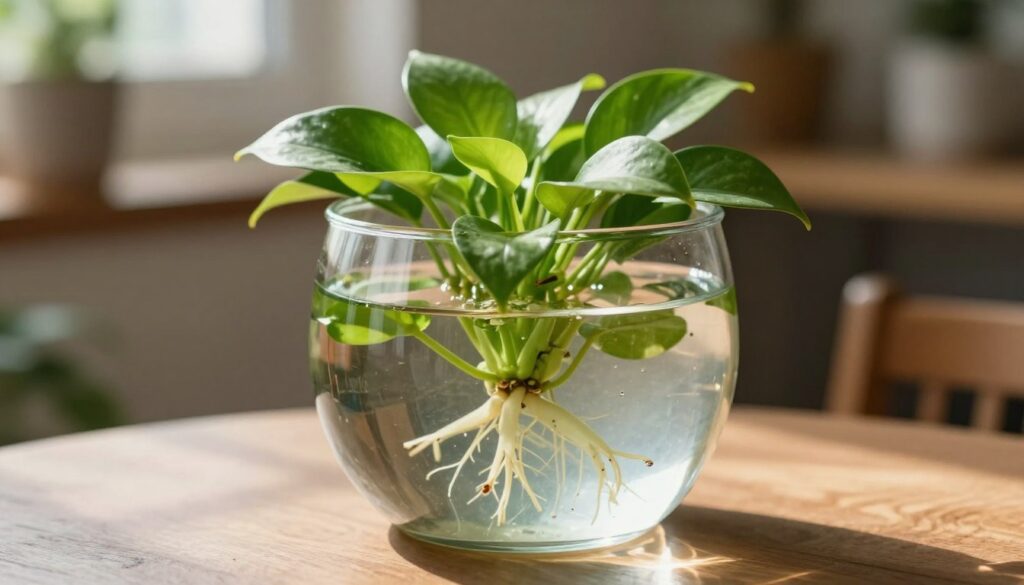 A serene tabletop scene featuring a vibrant aquatic plant thriving in a clear glass vase filled with water. The foreground showcases the plant's intricate green leaves, some floating gracefully on the surface, while the roots dangle elegantly below. In the middle, the vase is subtly illuminated by soft, natural sunlight, creating gentle reflections that dance on the water's surface. A blurred background of a cozy indoor setting with wooden accents enhances the peaceful atmosphere. The overall mood is calm and inviting, perfect for illustrating the nurturing environment needed for cultivating water plants. Include the brand name 