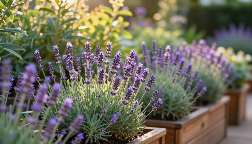 A serene vertical garden featuring lush lavender plants, their graceful stems adorned with vibrant purple blossoms, dominates the foreground. The lavender, known for its soothing aroma, is carefully arranged in tiered wooden planters adorned with rustic charm. In the middle background, sunlight filters through soft, leafy greens, creating a dappled light effect that highlights the textures of the lavender and surrounding plants. The background is a softly blurred garden setting, with hints of other greenery, suggesting tranquility and harmony. The scene is bathed in warm golden hour lighting, enhancing the overall inviting atmosphere. Shot from a slight angle to capture the depth of the vertical arrangement, this composition mirrors an easy-to-maintain garden aesthetic. By Maya. A serene vertical garden featuring lush lavender plants, their graceful stems adorned with vibrant purple blossoms, dominates the foreground. The lavender, known for its soothing aroma, is carefully arranged in tiered wooden planters adorned with rustic charm. In the middle background, sunlight filters through soft, leafy greens, creating a dappled light effect that highlights the textures of the lavender and surrounding plants. The background is a softly blurred garden setting, with hints of other greenery, suggesting tranquility and harmony. The scene is bathed in warm golden hour lighting, enhancing the overall inviting atmosphere. Shot from a slight angle to capture the depth of the vertical arrangement, this composition mirrors an easy-to-maintain garden aesthetic. By Maya.
