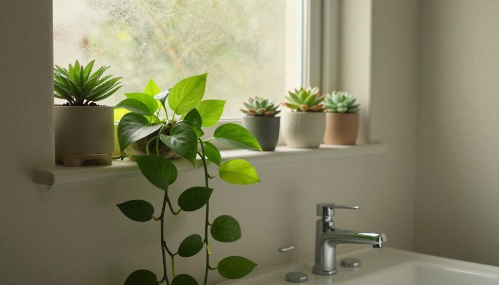 A small, stylish bathroom decorated with lush green plants ideal for humid and low-light environments. In the foreground, showcase a vibrant pothos plant, cascading elegantly from a modern ceramic planter. The middle ground features a shelf adorned with several small succulents, each placed in unique containers, adding variety and flair. In the background, a soft, natural light filters through a frosted glass window, casting gentle shadows and creating a serene, peaceful atmosphere. The walls are painted in a soothing, light color that complements the greenery. Capture the scene with a warm, inviting tone to highlight the plants' vitality and the tranquility of the bathroom space. By Maya.