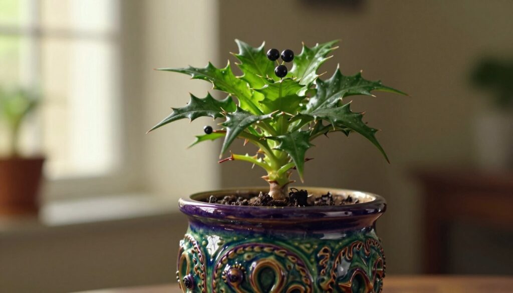 A striking image of a decorative pot for a toxic plant, featuring intricate designs that suggest danger. The pot is placed in the foreground, showcasing its ceramic texture and vibrant colors, reflecting a mix of green and deep purple that hints at the plant's toxicity. In the middle ground, a softly illuminated, leafy poisonous plant is emerging from the pot, with sharp, spiky leaves and dark berries. The background should be a softly blurred indoor setting, filled with warm light filtering through a window, creating an inviting yet cautionary atmosphere. Use a shallow depth of field to emphasize the pot and plant, conveying a sense of intrigue and warning. The scene is carefully arranged to convey the message of caution about keeping poisonous plants indoors. Photography by By Maya.