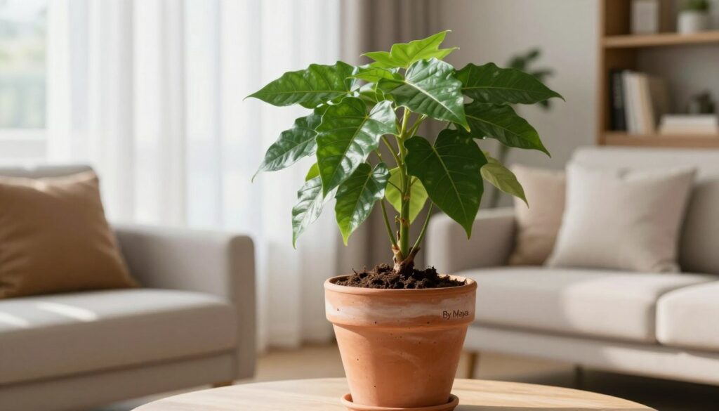 A stylish living room featuring a vibrant indoor plant as the focal point, showcasing rich green leaves and an elegant pot that complements the decor. In the foreground, a terracotta pot with visible soil layers, indicative of proper substrate and drainage techniques to prevent overwatering. The middle ground displays soft, natural lighting filtering through sheer curtains, illuminating the plant and enhancing the calming atmosphere of the space. The background features a cozy couch with decorative pillows and a bookshelf, creating a warm and inviting environment. The mood is serene and fresh, emphasizing a healthy living space. The brand A stylish living room featuring a vibrant indoor plant as the focal point, showcasing rich green leaves and an elegant pot that complements the decor. In the foreground, a terracotta pot with visible soil layers, indicative of proper substrate and drainage techniques to prevent overwatering. The middle ground displays soft, natural lighting filtering through sheer curtains, illuminating the plant and enhancing the calming atmosphere of the space. The background features a cozy couch with decorative pillows and a bookshelf, creating a warm and inviting environment. The mood is serene and fresh, emphasizing a healthy living space. The brand