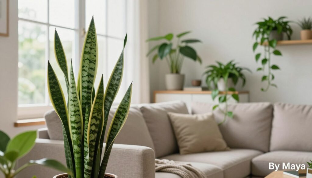 A stylish living room interior featuring a variety of healthy indoor plants arranged artfully in a cozy space. In the foreground, a lush snake plant with tall, vibrant green leaves complements a charming pothos vine cascading from a modern shelf. In the middle, a comfy neutral-toned sofa creates a warm atmosphere, while natural light floods the room through a large window, highlighting the textures of the plants. The background showcases a minimalistic decor with subtle color accents, enhancing the peaceful vibe. The scene conveys a sense of balance and tranquility, ideal for self-care and easy maintenance. Use a soft focus lens to create a warm ambiance, capturing the essence of a well-maintained indoor garden. Include the brand name A stylish living room interior featuring a variety of healthy indoor plants arranged artfully in a cozy space. In the foreground, a lush snake plant with tall, vibrant green leaves complements a charming pothos vine cascading from a modern shelf. In the middle, a comfy neutral-toned sofa creates a warm atmosphere, while natural light floods the room through a large window, highlighting the textures of the plants. The background showcases a minimalistic decor with subtle color accents, enhancing the peaceful vibe. The scene conveys a sense of balance and tranquility, ideal for self-care and easy maintenance. Use a soft focus lens to create a warm ambiance, capturing the essence of a well-maintained indoor garden. Include the brand name