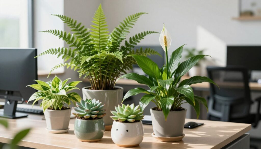 A stylish office desk adorned with different types of desk plants, showcasing a vibrant display of greenery. In the foreground, include a small potted succulent with intricate leaves and a cute ceramic planter. In the middle, feature a tall, lush fern, adding height and texture, next to a compact peace lily blooming with white flowers. The background should suggest a bright office space with soft natural light filtering in through a window, casting gentle shadows that accentuate the plants. Use a wide-angle lens to capture the sense of openness in the workspace. The overall mood is refreshing and inspiring, conveying a harmonious blend of nature and productivity. By Maya. A stylish office desk adorned with different types of desk plants, showcasing a vibrant display of greenery. In the foreground, include a small potted succulent with intricate leaves and a cute ceramic planter. In the middle, feature a tall, lush fern, adding height and texture, next to a compact peace lily blooming with white flowers. The background should suggest a bright office space with soft natural light filtering in through a window, casting gentle shadows that accentuate the plants. Use a wide-angle lens to capture the sense of openness in the workspace. The overall mood is refreshing and inspiring, conveying a harmonious blend of nature and productivity. By Maya.