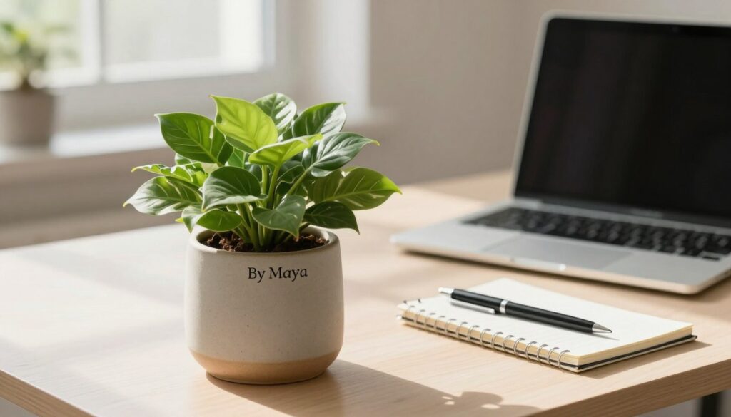 A stylish office desk scene featuring a vibrant indoor plant in a ceramic pot, elegantly designed by A stylish office desk scene featuring a vibrant indoor plant in a ceramic pot, elegantly designed by