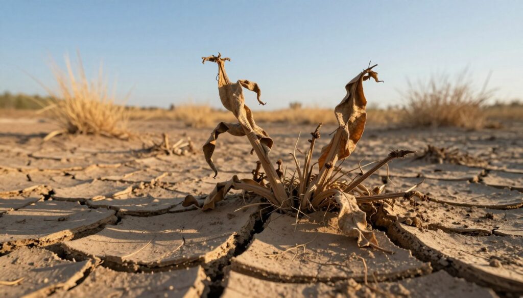 A sunbaked, dried-out plant struggling for life, nestled in cracked, parched soil. The foreground features the wilted leaves and brittle stems of the plant, showcasing their brown, lifeless hues. In the middle ground, the soil is a dusty, light brown, with small fissures emphasizing the drought's severity. A soft, golden sunlight filters from a low angle, casting delicate shadows that enhance the plant’s desperate state. The background consists of an arid landscape, where distant dry grasses and a clear blue sky create a stark contrast to the plant's plight. The atmosphere feels somber yet hopeful, suggesting the potential for recovery. The image is presented in a warm color palette, reflecting both despair and resilience. By Maya.
