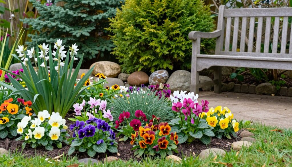 A tranquil garden scene featuring a vibrant array of flowering plants suitable for a winter garden. In the foreground, a variety of colorful flowers such as pansies, cyclamens, and edelweiss in full bloom. The middle ground showcases healthy green foliage interspersed with decorative garden stones and a wooden garden bench, inviting relaxation. In the background, lush evergreen shrubs provide a soothing contrast, creating a layered, harmonious look. Soft, natural lighting filters through, casting gentle shadows and enhancing the colors of the flowers. The atmosphere is peaceful and rejuvenating, perfect for enjoying the beauty of nature. The image should convey a sense of care and maintenance, complementing the theme of garden upkeep. By Maya.
