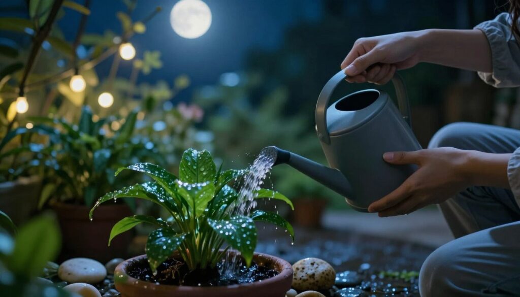 A tranquil nighttime scene depicting a close-up of a person gently watering a potted plant, capturing the essence of nurturing care. In the foreground, the individual, dressed in modest casual clothing, is using a sleek, modern watering can, with the gentle flow of water creating a soft shimmer in the ambient moonlight. In the middle ground, lush green leaves of the plant glisten with moisture, surrounded by small decorative stones for added texture. The background features a blurred garden setting illuminated by soft fairy lights, creating a warm, inviting atmosphere. The scene is bathed in cool blue tones from the moonlight, conveying a sense of calm and serenity. The composition is shot at eye level with a shallow depth of field for focus, illustrating the delicate balance of plant care. By Maya.