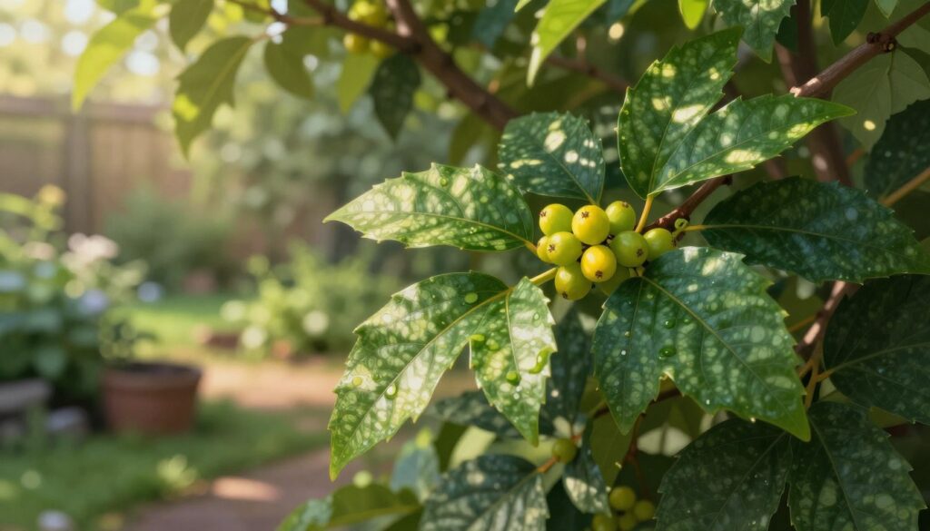 A vibrant and detailed illustration of a toxic plant harmful to dogs, specifically a close-up of the plant's glossy, dark green leaves with small, bright berries. The foreground features the plant prominently, showcasing its intricate leaf patterns and striking colors. In the middle ground, include a soft-focus garden setting with sunlight filtering through tree branches, creating dappled light effects on the leaves. The background consists of blurred garden elements, enhancing the depth of the scene. The mood is slightly ominous yet educational, emphasizing the importance of recognizing dangers in nature. The lighting is warm and inviting, captured with a macro lens to bring out the details. By Maya.