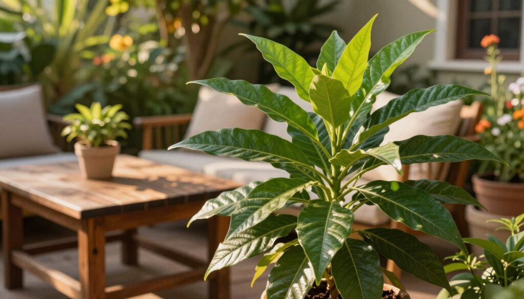 A vibrant and lush citronella plant, known for its mosquito-repelling properties, prominently displayed in the foreground with green, elongated leaves glistening in the sunlight. The leaves should showcase their unique texture and rich green shades. In the middle ground, a comforting outdoor setting is depicted, featuring a rustic wooden table with a small potted citronella plant beside a cozy seating area. The background reveals a sunny garden scene with soft-focus greenery and flowers, enhancing the tranquil atmosphere. The lighting is warm, resembling the golden hour, creating soft shadows and highlighting the plant's characteristics. Capture this scene from a slightly angled perspective, emphasizing the plant’s significance in creating a pest-free garden vibe. By Maya. A vibrant and lush citronella plant, known for its mosquito-repelling properties, prominently displayed in the foreground with green, elongated leaves glistening in the sunlight. The leaves should showcase their unique texture and rich green shades. In the middle ground, a comforting outdoor setting is depicted, featuring a rustic wooden table with a small potted citronella plant beside a cozy seating area. The background reveals a sunny garden scene with soft-focus greenery and flowers, enhancing the tranquil atmosphere. The lighting is warm, resembling the golden hour, creating soft shadows and highlighting the plant's characteristics. Capture this scene from a slightly angled perspective, emphasizing the plant’s significance in creating a pest-free garden vibe. By Maya.