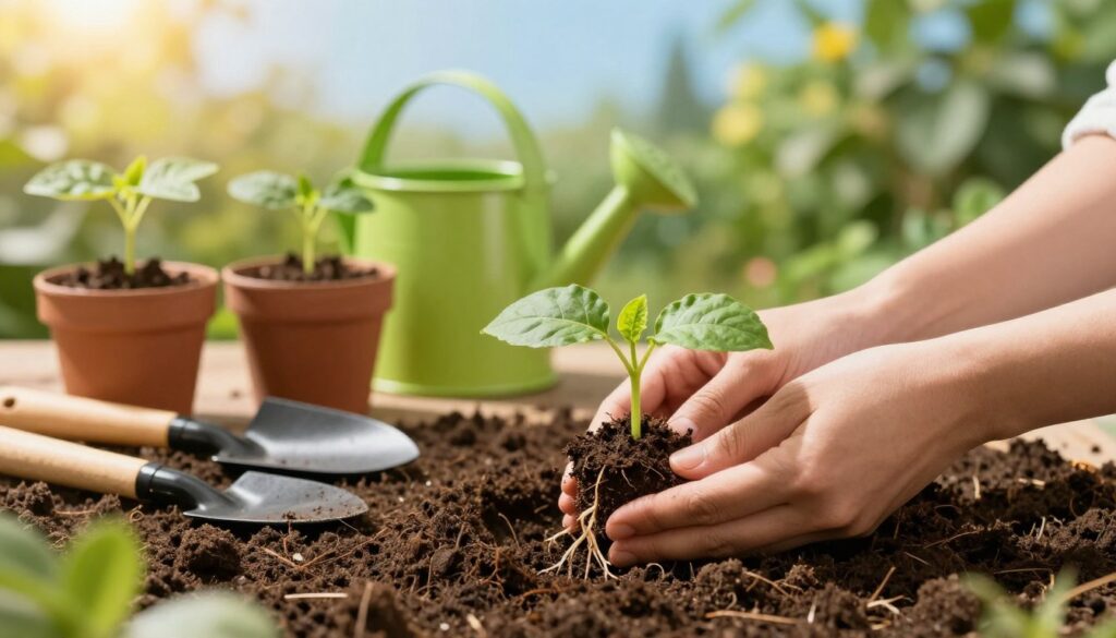 A vibrant and nurturing scene showcasing the process of planting a plant seedling, known as 