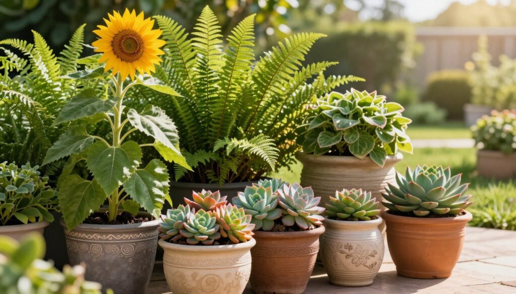 A vibrant arrangement of various outdoor plants suited for direct sunlight, showcased in elegant decorative pots on a patio. In the foreground, a tall, lush sunflower plant stands proudly beside a colorful mix of succulents, while a backdrop of ferns creates an inviting atmosphere. Soft afternoon sunlight filters through, casting gentle shadows that enhance the textures of the leaves. The middle ground features elegant ceramic pots in earthy tones, showcasing the beauty of nature and the suitable selection of outdoor plants. In the background, a glimpse of a serene garden with hints of distant greenery adds depth to the scene. The overall mood is warm and welcoming, ideal for a serene external space. By Maya. A vibrant arrangement of various outdoor plants suited for direct sunlight, showcased in elegant decorative pots on a patio. In the foreground, a tall, lush sunflower plant stands proudly beside a colorful mix of succulents, while a backdrop of ferns creates an inviting atmosphere. Soft afternoon sunlight filters through, casting gentle shadows that enhance the textures of the leaves. The middle ground features elegant ceramic pots in earthy tones, showcasing the beauty of nature and the suitable selection of outdoor plants. In the background, a glimpse of a serene garden with hints of distant greenery adds depth to the scene. The overall mood is warm and welcoming, ideal for a serene external space. By Maya.
